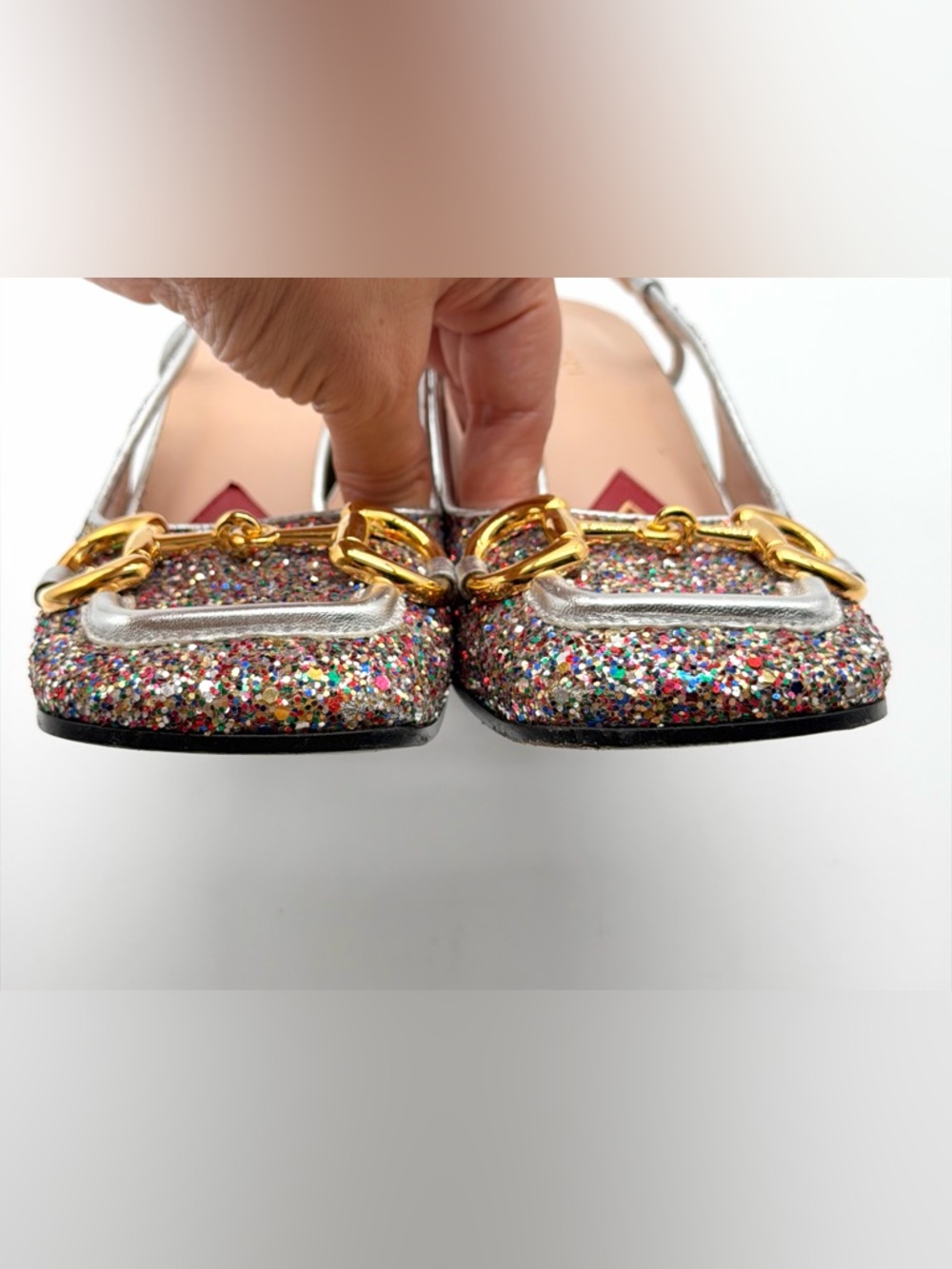 Gucci Baby Horsebit Multicolor Glittered Leather Slingback Block Heel Pumps EU38 - Picture 6 of 14